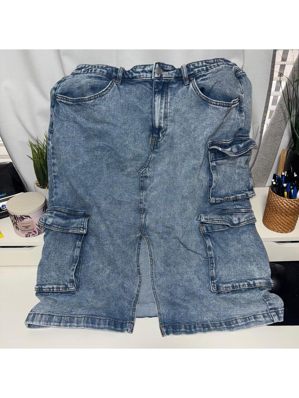 Wild Fable blue denim midi cargo skirt featuring utility pockets front slit